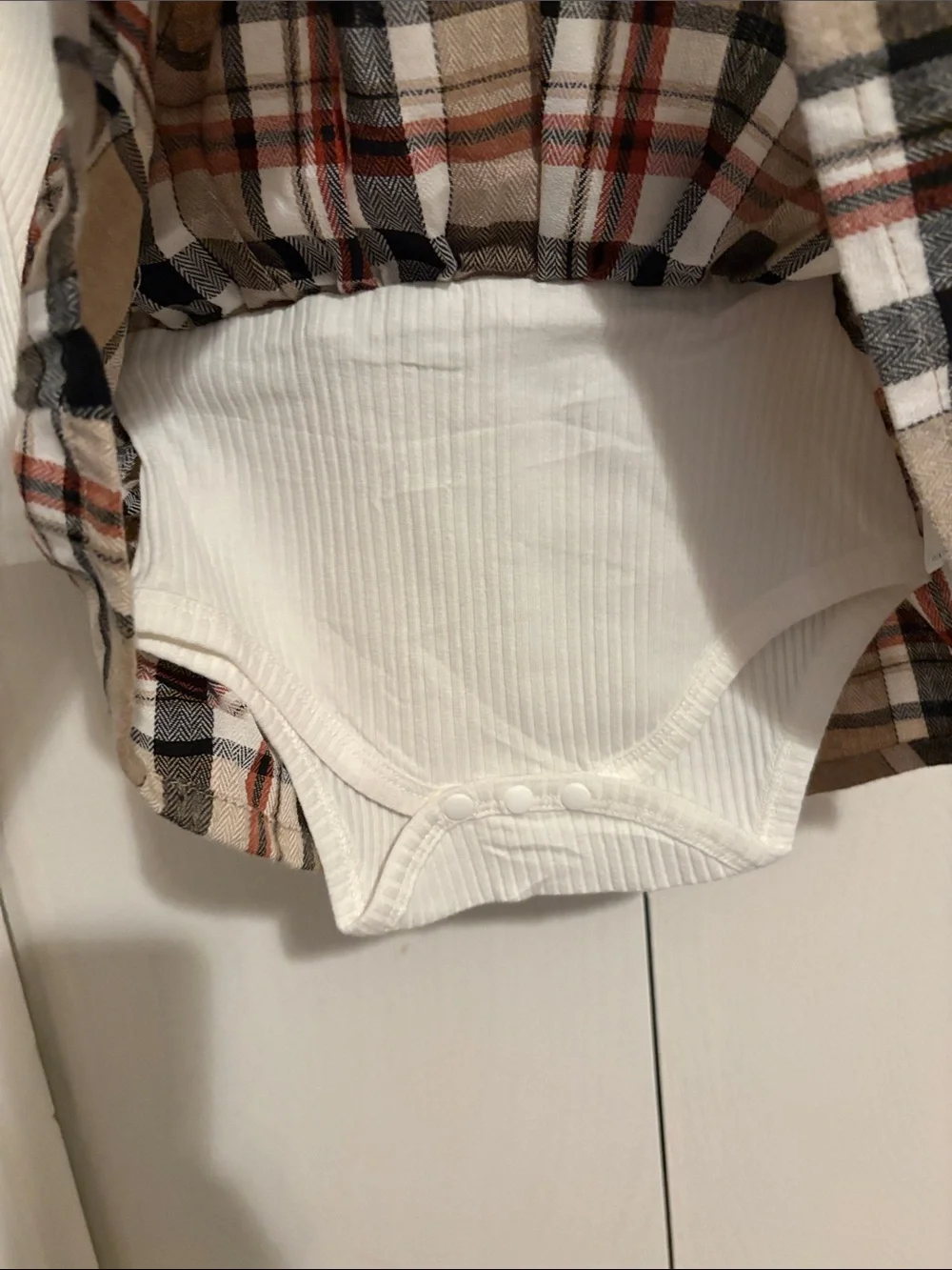 Plaid Bow Suspender Dress with White Ribbed Top - Beige Plaid